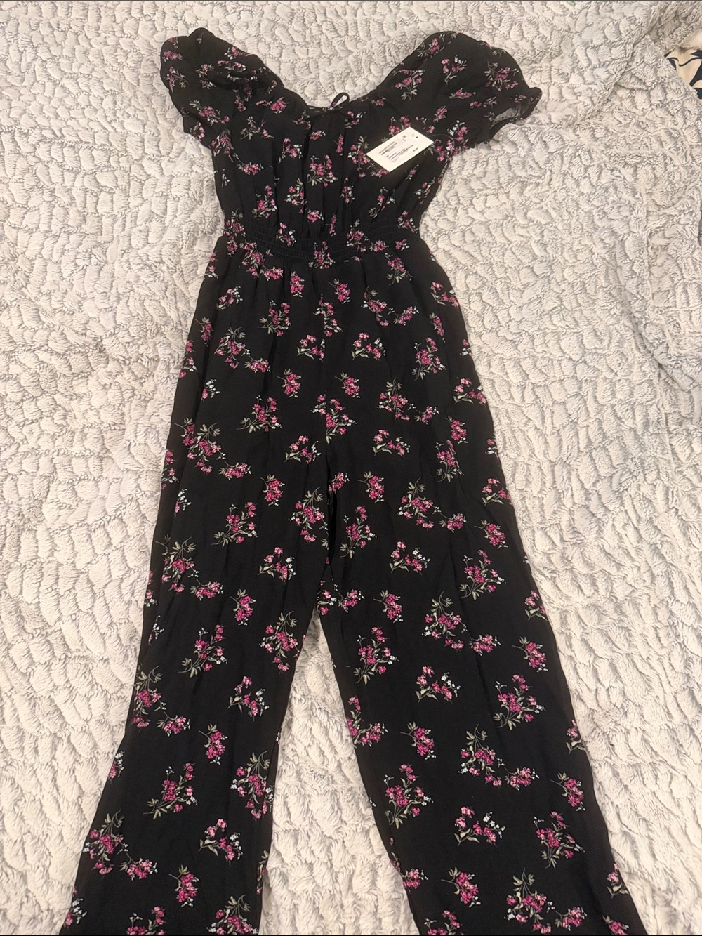 Nordstrom Black Floral Off-the-Shoulder Jumpsuit with Pink Accents